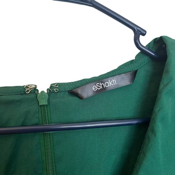 eShakti Shawl Collar Surplice Poplin Dress Emerald Green Mini Pleated Oz Size L - Picture 3 of 13